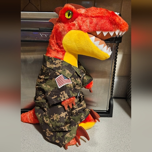 Build-A-Bear Red Raptor Stuffed Animal In Green Digital Camo Uniform Flag Patch - Picture 1 of 5